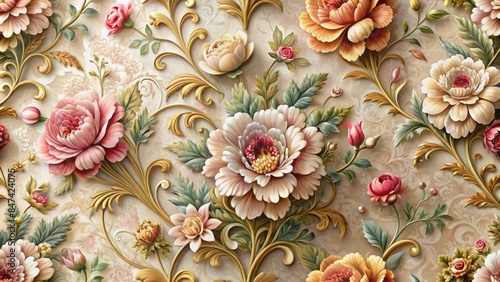 Elegant 3d illustration of classic floral patterns on a luxurious wallpaper for sophisticated home interior classic decorations background.