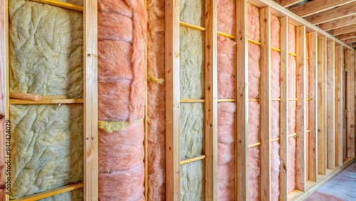Fiberglass batt insulation material installed between wooden studs in a residential wall construction for energy efficiency and cost savings. photo