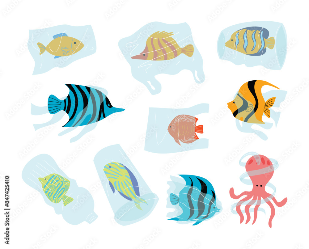 Set of Ocean plastic pollution and world ocean day with sea animal trapped inside plastic garbage fish, octopus, Save ocean poster, Waste and plastics that are harmful to the ecology dumped at sea. Set of Ocean plastic pollution and world ocean day with sea animal trapped inside plastic garbage fish, octopus, Save ocean poster, Waste and plastics that are harmful to the ecology dumped at sea.
