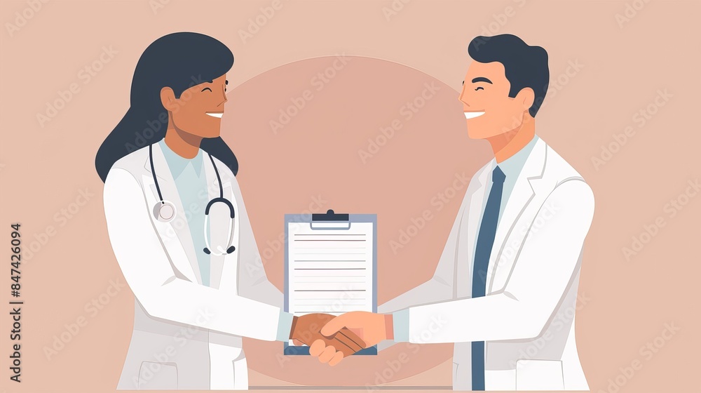 Two doctors shaking hands over a clipboard, symbolizing collaboration and teamwork in healthcare. Two doctors shaking hands over a clipboard, symbolizing collaboration and teamwork in healthcare.