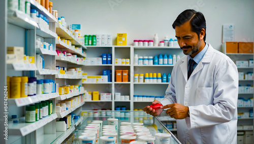 Dedicated male pharmacist choosing medication from a well-organized pharmacy display.