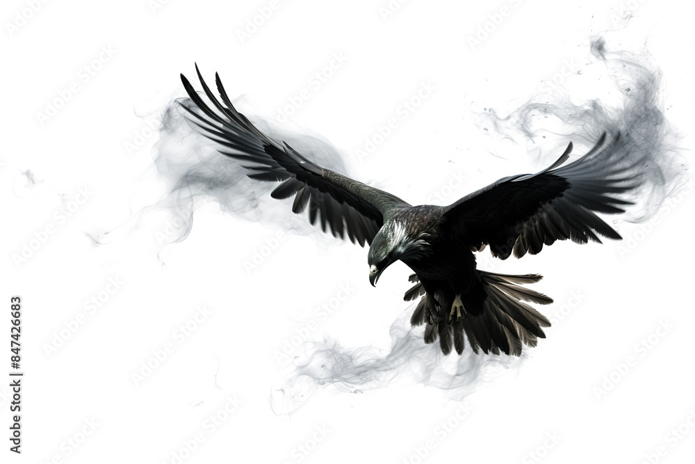 Naklejka premium Image of an eagle is flying and black smoke before white background. Birds. Wildlife Animals.