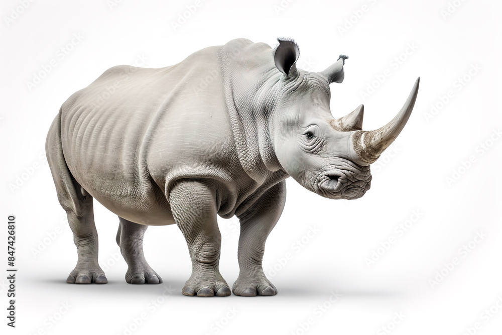 Obraz premium A grey rhinoceros, standing majestically, is captured in this image against a pristine white background, showcasing the beauty of this large, horned creature. Rhino. Wild Animals. Generative AI.