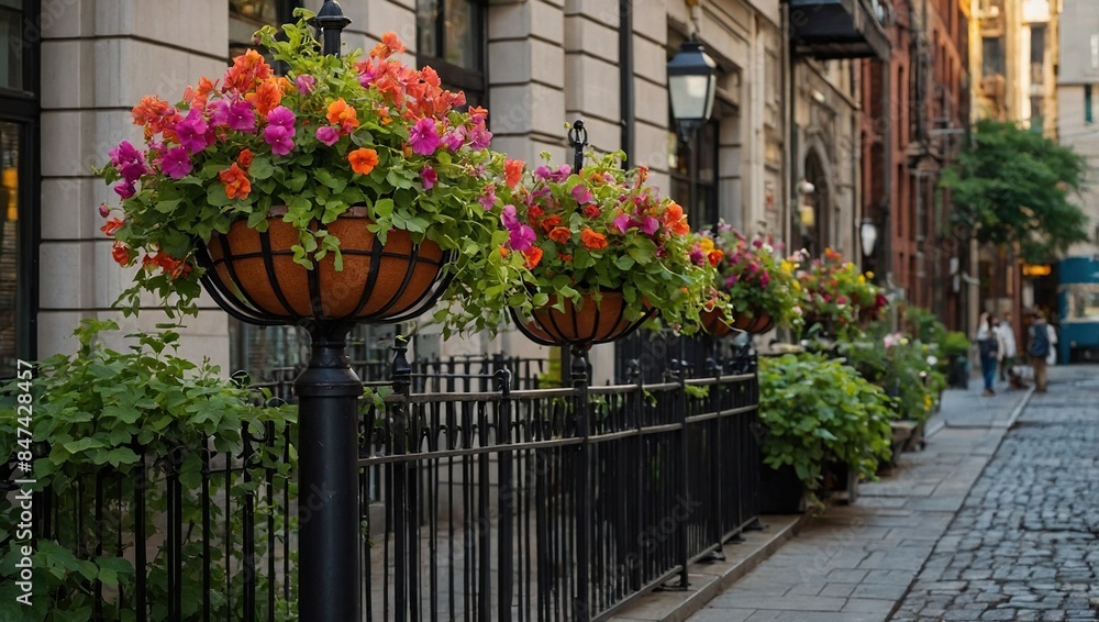 Fototapeta premium A charming street scene with colorful flower pots adorning the side of a building