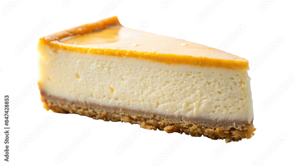 A close-up of a slice of cheese cake on a plain white background A close-up of a slice of cheese cake on a plain white background