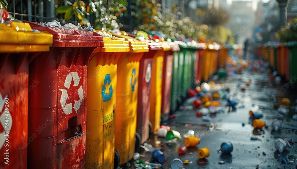 custom made wallpaper toronto digitalA row of colorful recycling bins overflowing with waste, emphasizing the importance of recycling and proper waste management in urban areas.