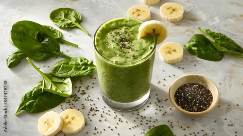 Green Smoothie with Spinach Leaves and Banana Slices