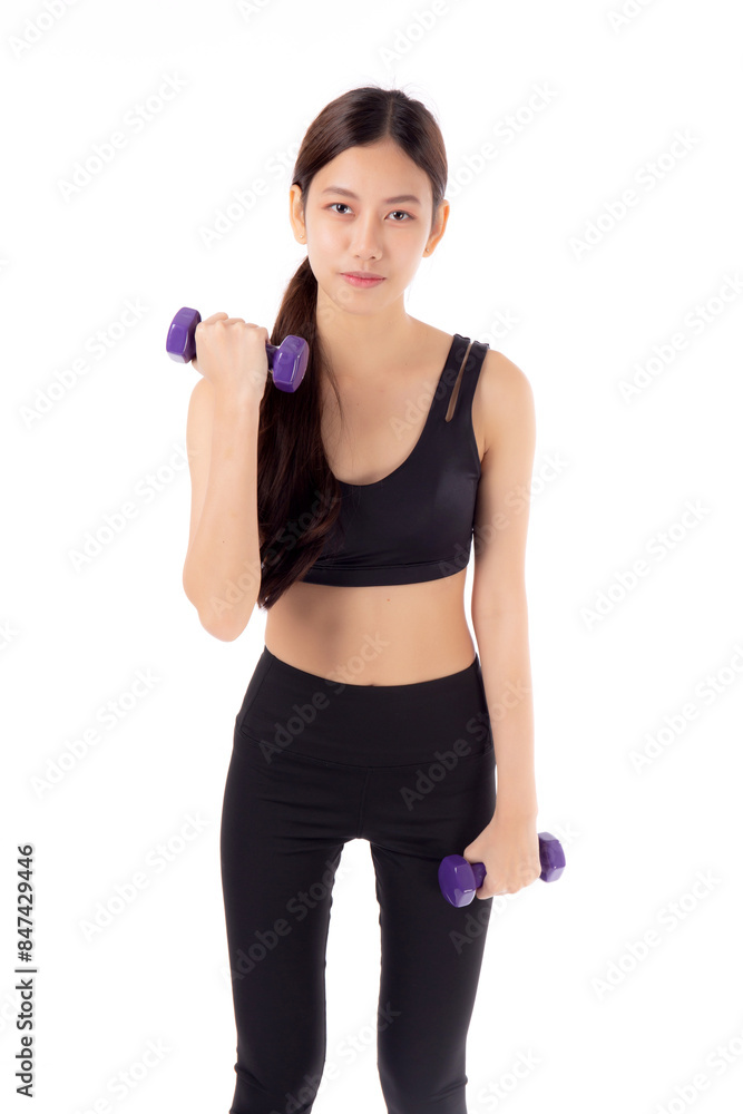 Portrait beautiful young asian woman lifting dumbbell isolated on white background, female fitness workout training with holding dumbbell for muscle strong and strength, sport and health care concept. Portrait beautiful young asian woman lifting dumbbell isolated on white background, female fitness workout training with holding dumbbell for muscle strong and strength, sport and health care concept.