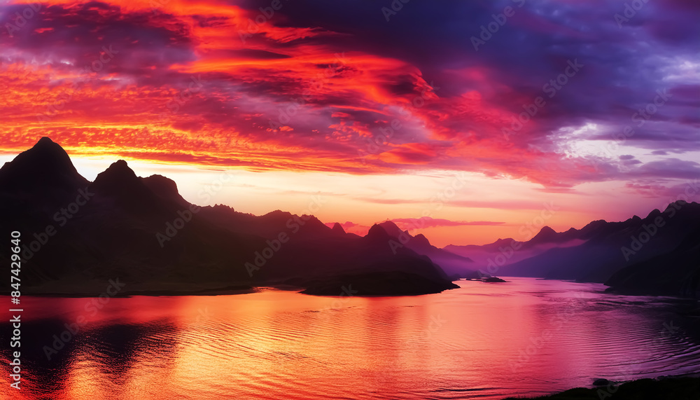 sunrise over mountains and water, landscape under sunset, dawn or dusk. Wall Art Poster Print Design for Home Decor, Decoration Artwork, High Resolution Wallpaper & Background for Computer, Smartphone sunrise over mountains and water, landscape under sunset, dawn or dusk. Wall Art Poster Print Design for Home Decor, Decoration Artwork, High Resolution Wallpaper & Background for Computer, Smartphone