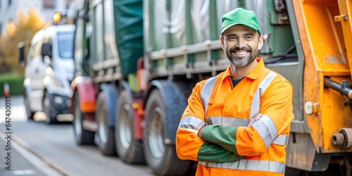 handsome garbage collector smiling next to the truck. photo