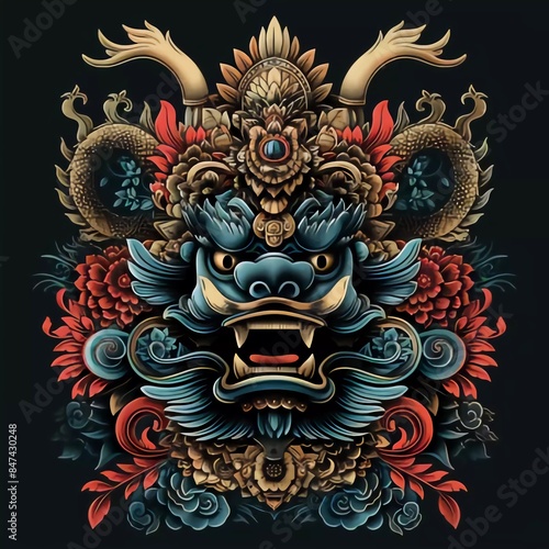 illustration of the artwork and design of the Balinese barong t-shirt which is very beautiful
