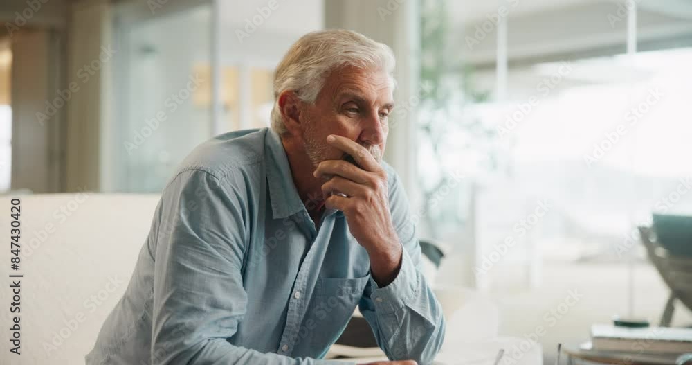 Home, sofa and elderly man with stress for bad news, mistake and worry of retirement plan. Senior person, frustrated and anxiety with headache in living room for health problem, pension and fear Home, sofa and elderly man with stress for bad news, mistake and worry of retirement plan. Senior person, frustrated and anxiety with headache in living room for health problem, pension and fear