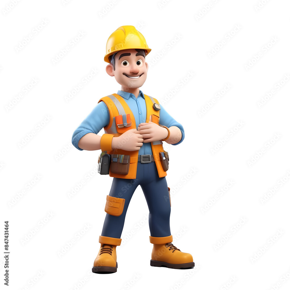 3D icon cartoon a person with safety wear, helmet and gloves 3D icon cartoon a person with safety wear, helmet and gloves