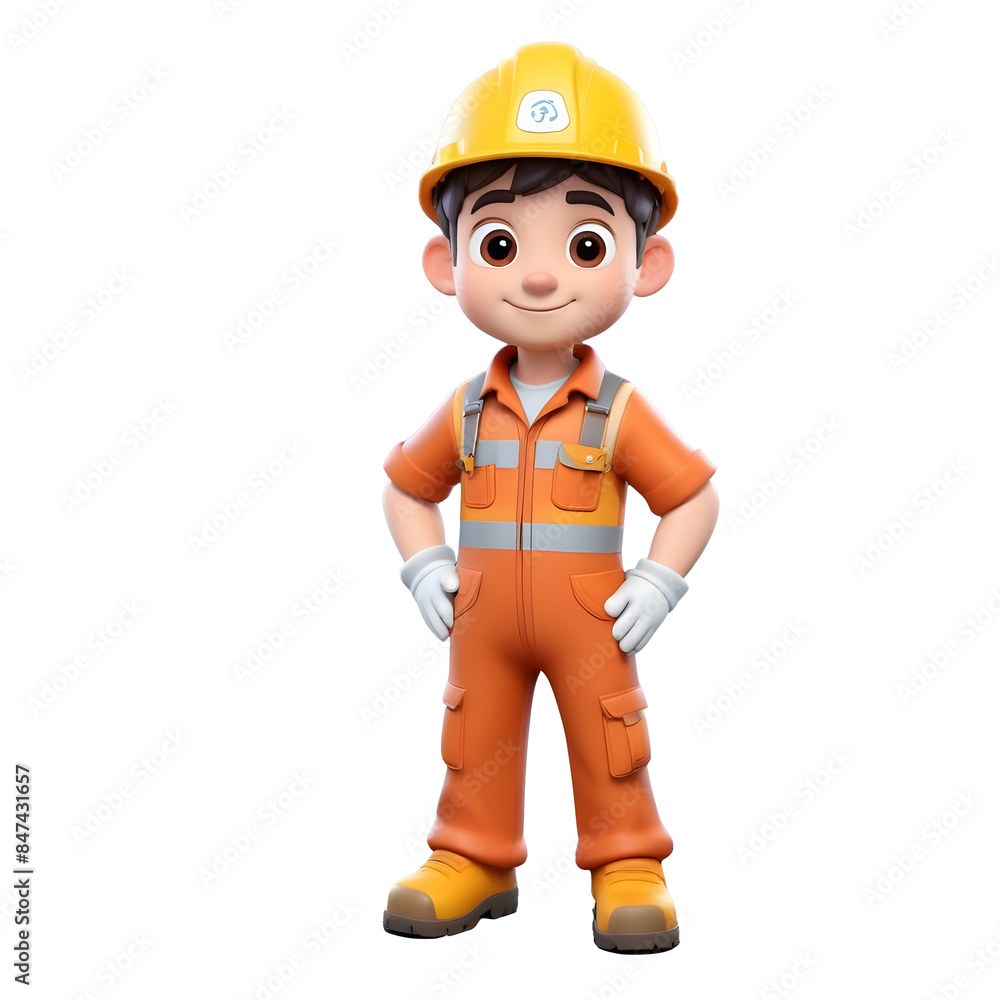 3D icon cartoon a person with safety wear, helmet and gloves 3D icon cartoon a person with safety wear, helmet and gloves