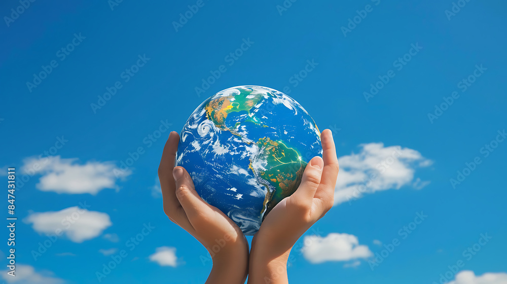 Hands cradling a detailed globe, set against a vibrant azure sky with a few fluffy clouds, capturing the beauty and vastness of our planet and the importance of global care. Generative AI illustration Hands cradling a detailed globe, set against a vibrant azure sky with a few fluffy clouds, capturing the beauty and vastness of our planet and the importance of global care. Generative AI illustration