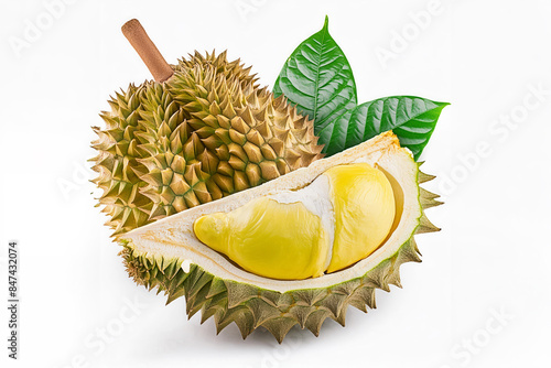 Fresh durian with leaf isolated on white background, Durian fruit isolated on white background With clipping path.