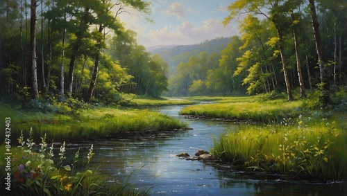 Scenic painting of a river winding through a dense forest