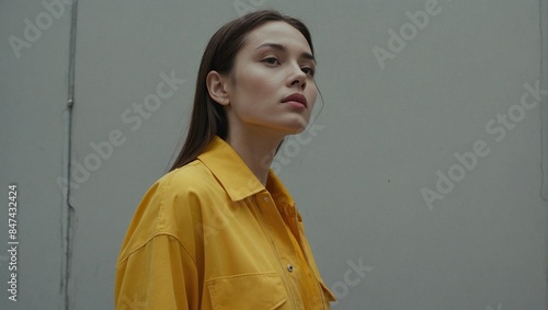 Woman in yellow shirt standing against smooth background