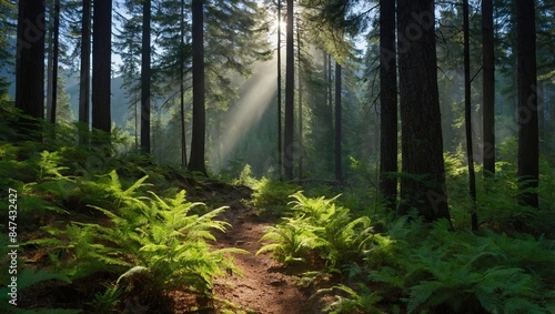 Sunlight filtering through dense forest, casting ethereal rays on the lush greenery