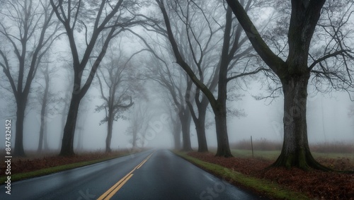 Foggy road with trees on both sides