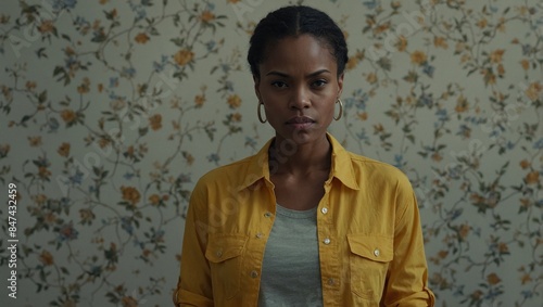 A black woman in a yellow shirt posing in front of a vibrant floral wall