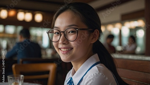 young woman wearing glasses, seated at a restaurant table