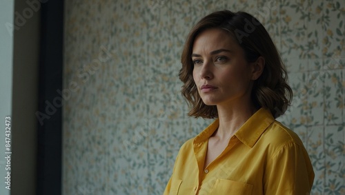 Woman in yellow shirt standing in front of wall