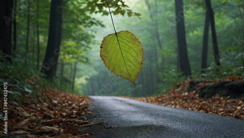 A single leaf suspended from a branch in a dense forest