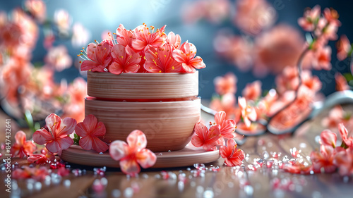 A bowl of pink flowers sits on a wooden table. The flowers are arranged in a way that they look like they are floating in the air photo