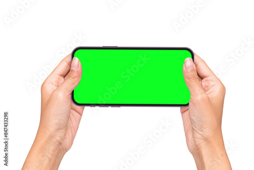 Hand Touching Phone Screen with black smartphone, isolated on white background. Hand pointing scrolling social media screen presentation Mockup.