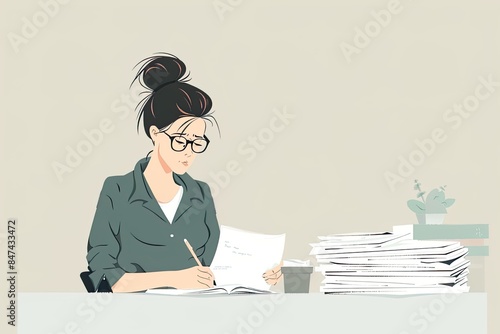 Teacher Grading Papers at Desk Illustration