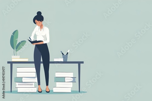 Teacher Grading Papers at Desk Illustration