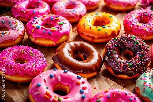 Colorful glazed frosted donuts with sprinkles, sweet desert pastry snacks