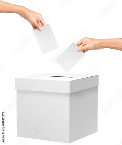 Valokuva Close up of a ballot box and casting vote on white background