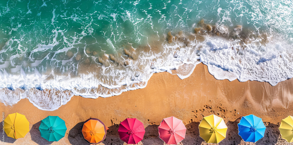 Overhead aerial view of sun umbrellas on a beautiful summer beach Overhead aerial view of sun umbrellas on a beautiful summer beach
