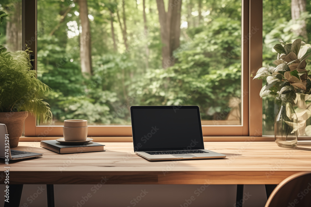Cozy modern home office setup, with a laptop on wooden desk, a coffee cup beside it, and a large window showing a garden outside. Cozy modern home office setup, with a laptop on wooden desk, a coffee cup beside it, and a large window showing a garden outside.