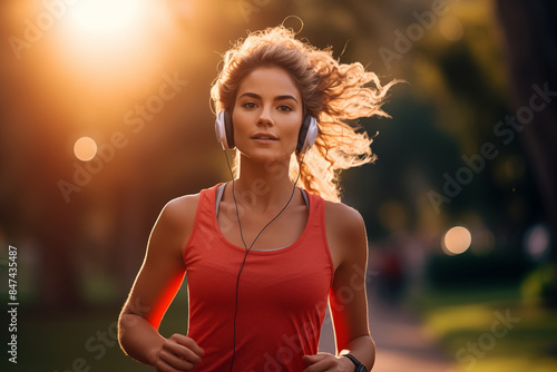 Young woman jogging in a lush park at sunrise, wearing vibrant athletic wear, with headphones relaxes and smile face. photo