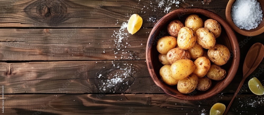 Papas Arrugadas: Wrinkly Salted Potatoes with Mojo Picon on Wooden Surface, Top View, Ample Space for Text Papas Arrugadas: Wrinkly Salted Potatoes with Mojo Picon on Wooden Surface, Top View, Ample Space for Text