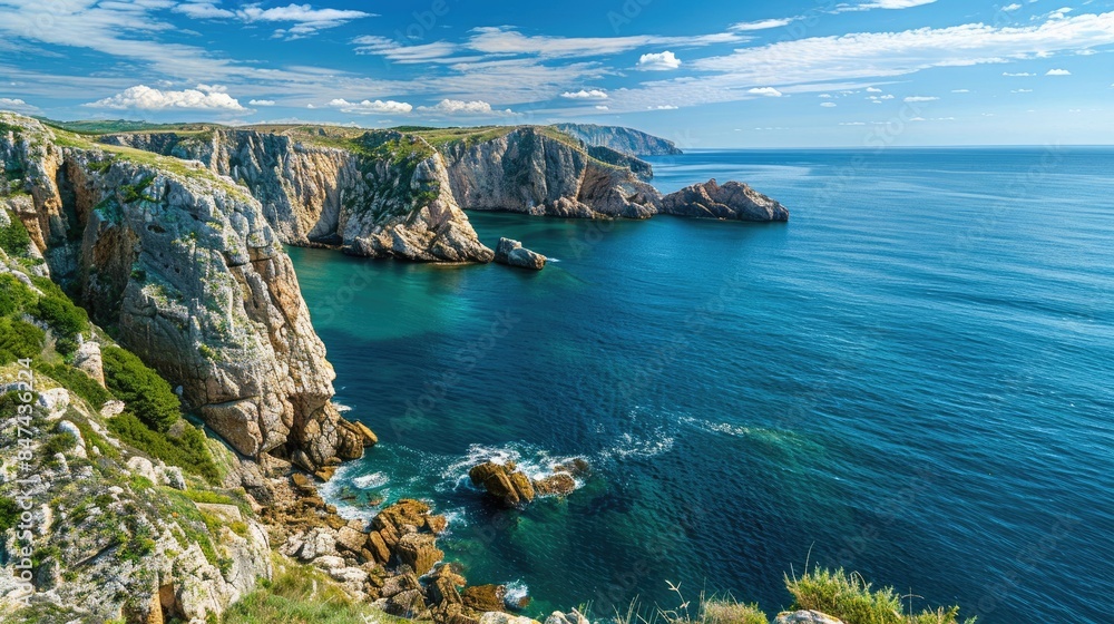 Fototapeta premium Serene seascape with calm blue waters reflecting the bright blue sky, perfect for relaxing travel imagery.