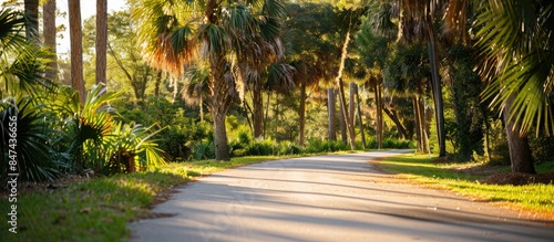 Road winding through a palm-filled park in the South, showcasing serene nature devoid of people. Ample space for creative designs. Vertical orientation. photo