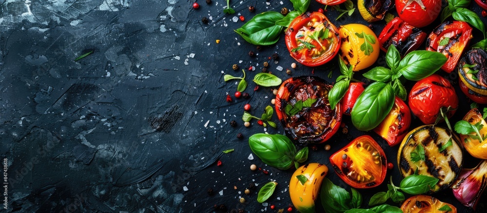 Grilled Colorful Vegetables with Basil and Herbs on a Dark Background