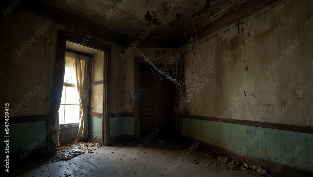 Cobwebs hang like veils in the corners of the scary room, hinting at its long-abandoned secrets ai_generated