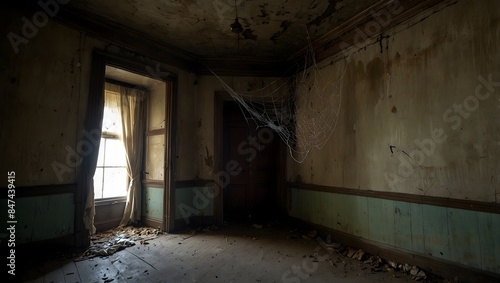 Obraz na płótnie Cobwebs hang like veils in the corners of the scary room, hinting at its long-abandoned secrets ai_generated w salonie