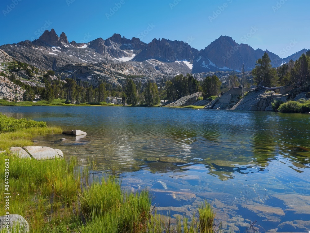 Majestic Mountain Serenity - Scenic Tranquility with Crystal Clear Lake and Blue Sky Majestic Mountain Serenity - Scenic Tranquility with Crystal Clear Lake and Blue Sky
