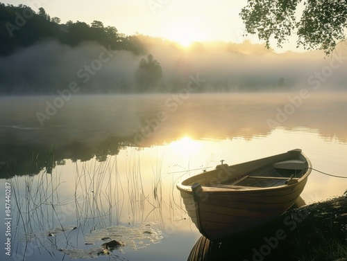 Serene Dawn at the Lake - Misty Water Reflections and Rowboat on Shore