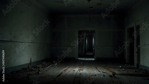 The eerie silence of the scary room is broken only by the faint sound of something moving in the darknes ai_generated