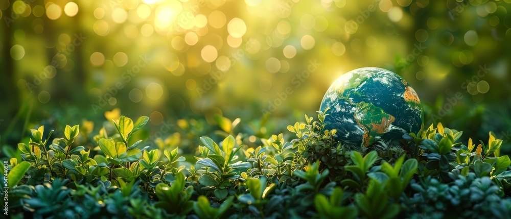 A glass globe sits in lush green foliage, bathed in warm sunlight. A glass globe sits in lush green foliage, bathed in warm sunlight.