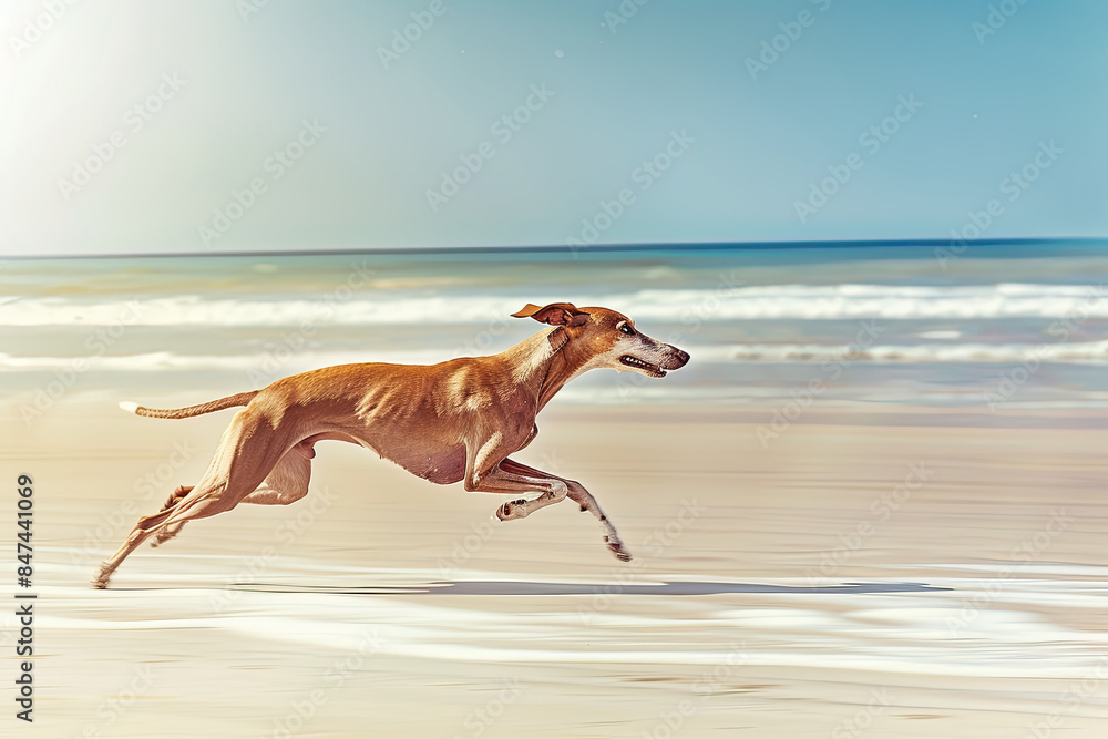 Greyhound running swiftly on beach, action shot, waves, clear horizon, midday light.