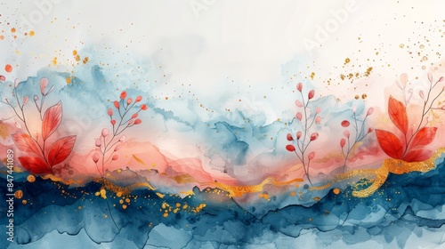 Abstract watercolor painting with blue, orange, and red hues featuring delicate floral elements. photo