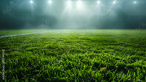 Green soccer field illuminated by bright spotlights with copy space - Generative Ai